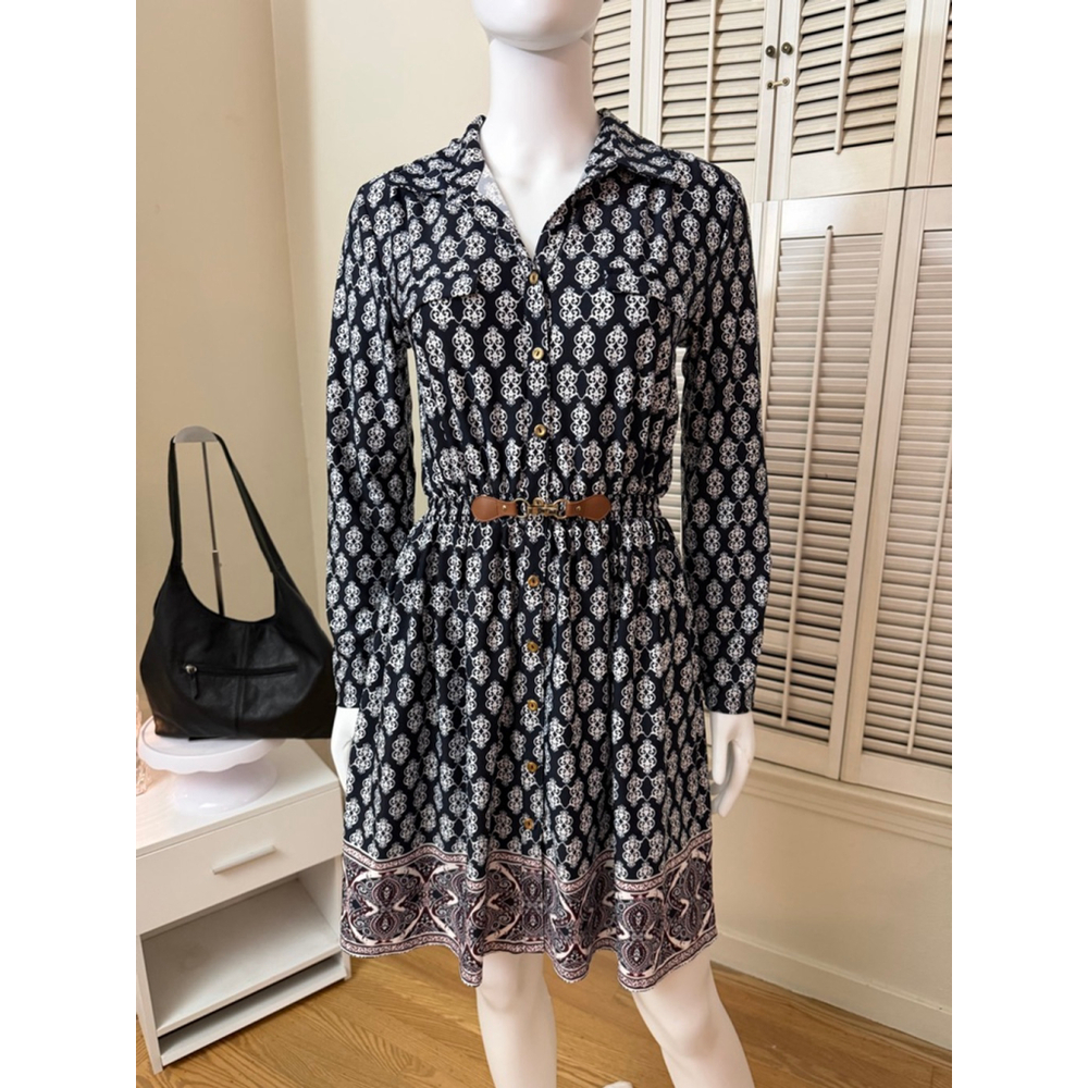 Always Indigo‎ Long Sleeve Dress Petite Small Navy White